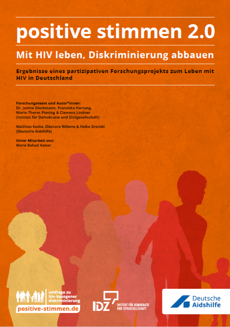 Oranger Hintergrund mit verschiedenen Silhoutten von Menschen. Titel "Forschungsbericht positive stimmen 2.0 "