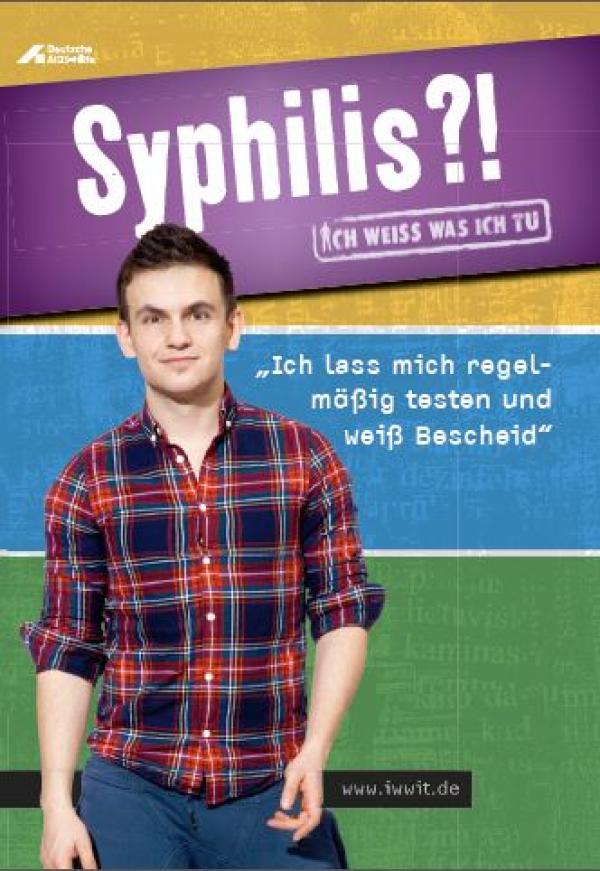 Titelbild Faltblatt Syphilis. Zu sehen ist ein junger Mann in Karohemd und blauer Hose.