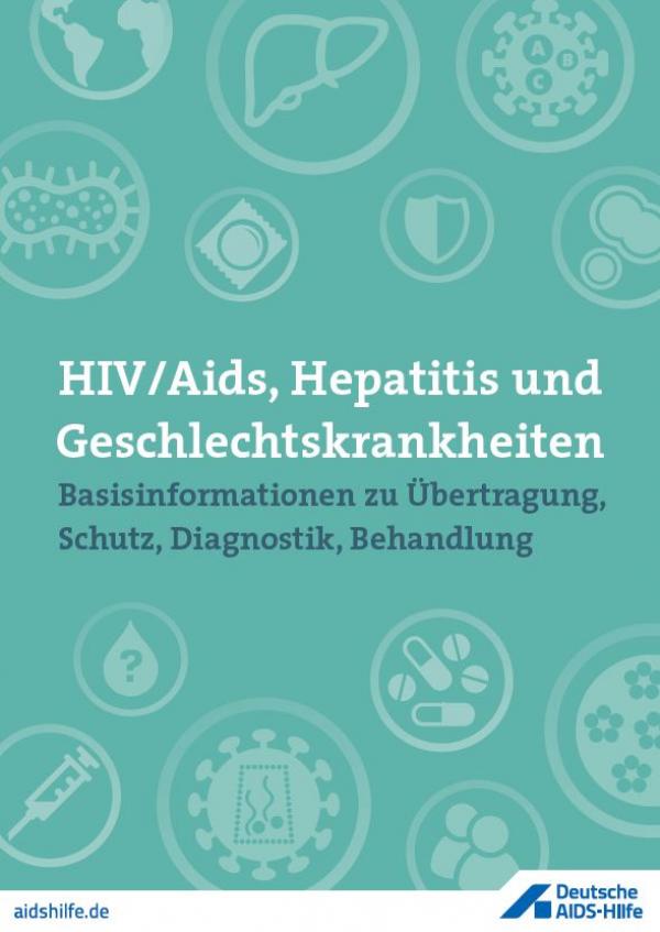 Verschiedene Zeichnungen von Viren, Spritzen Kondomen und Pillen. Titel "HIV/Aids, Hepatitis und Geschlechtskrankheiten"