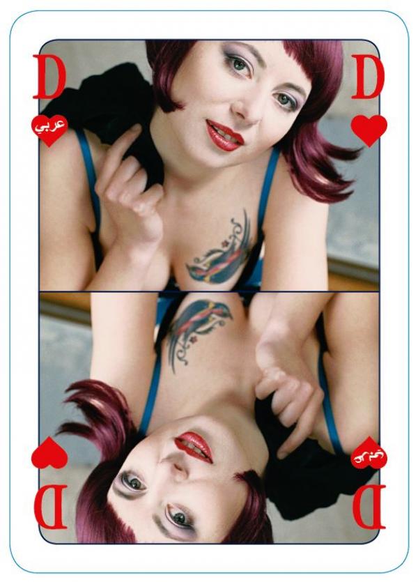 Front zeigt eine Prostituierte als "Herzdame" auf einer Spielkarte
