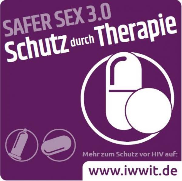 Piktogram einer Pille und Tablette. Weiße Schrift auf lila Hintergrund. Text "Safer Sex 3.0 - Schutz durch Therapie"