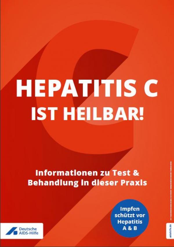 Roter Hintergrund. Aufschrift "Hepatitis C ist heilbar". Informationen zu Test & Behandlung in dieser Praxis