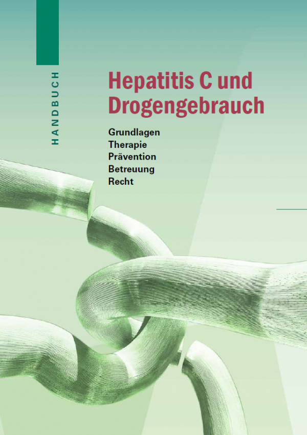 Grüner Hintergrund, miteinander verschlungene Röhren. Titel "Hepatitis C und Drogengebrauch"