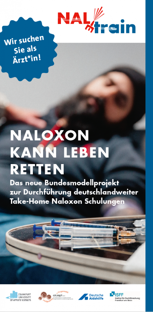 Im Hintergrund verschwommenes Bild eines bewusstlosen Drogennutzers.Titel "Naloxon kann Leben retten (Ärzt*innen)"
