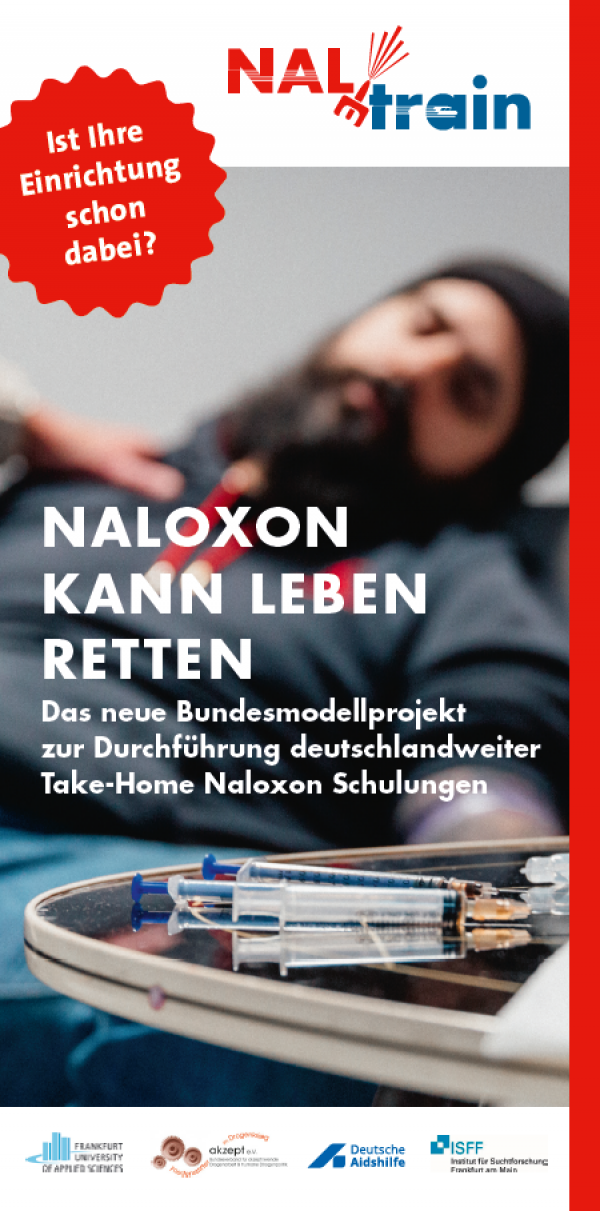 Im Hintergrund verschwommenes Bild eines bewusstlosen Drogennutzers.Titel "Naloxon kann Leben retten (Einrichtungen)"