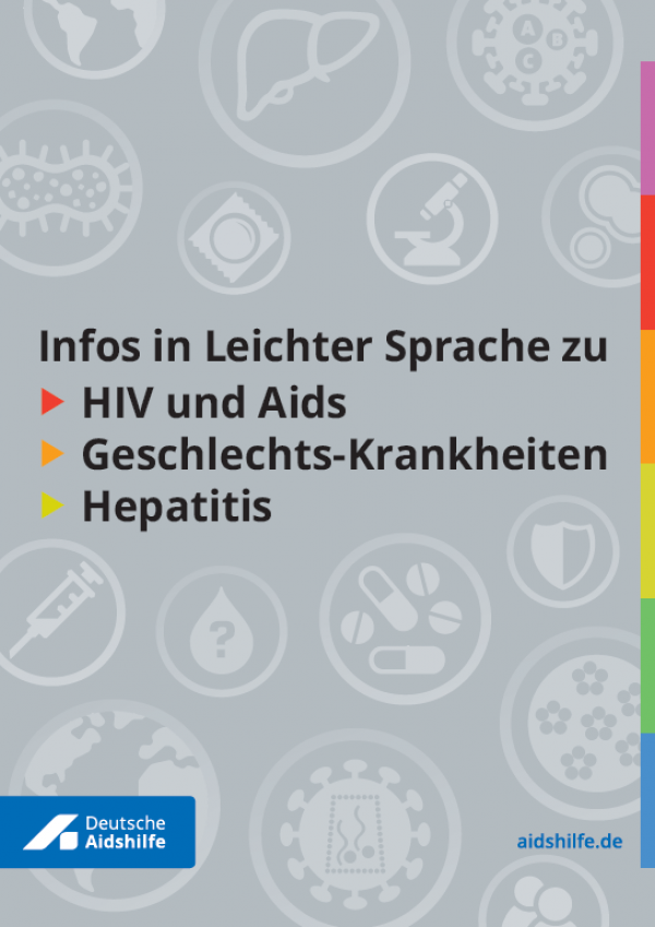 Grauer Hintergrund mit Skizzen von verschiedenen Viren, Titel "Infos in Leichter Sprache zu HIV und Aids, Geschlechts-Krankheiten, Hepatitis"