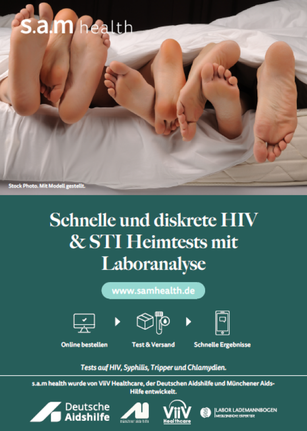 Mehrere Füße die unter einer Bettdecker herausschauen. Titel "s.a.m health - Schnelle und diskrete HIV & STI Heimtests mit Laboranalyse"