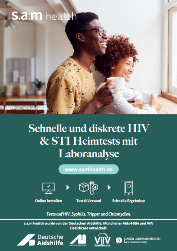 Paar am Fenster mit Kaffetassen in der Hand. Titel "s.a.m health - Schnelle und diskrete HIV & STI Heimtests mit Laboranalyse"