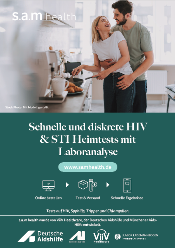 Paarin der Küche gemeinsam am kochen. Titel "s.a.m health - Schnelle und diskrete HIV & STI Heimtests mit Laboranalyse"