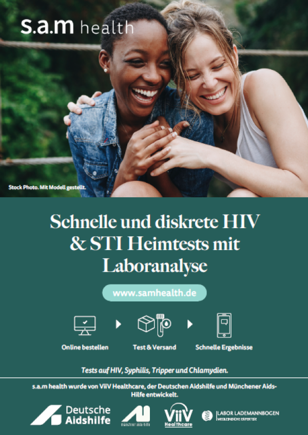 Paar im Wald welches sich umarmt. Titel "s.a.m health - Schnelle und diskrete HIV & STI Heimtests mit Laboranalyse"