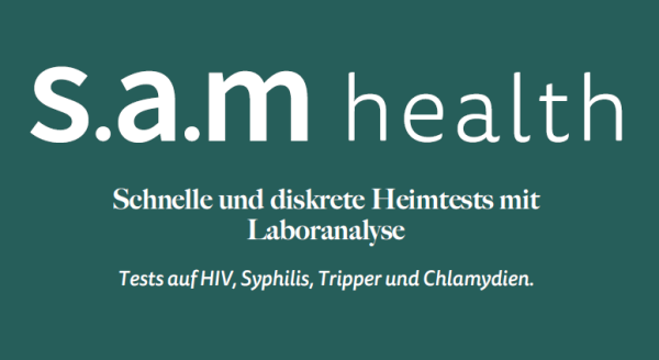 Grüner Hintergrund. Aufdruck "S.a.m health. Schnelle und diskrete Heimtests mit Laboranalyse. Tests auf HIV, Syphilis, Tripper und Chlamydien."