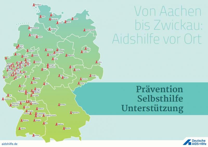 Deutschlandkarte mit den Standorten aller AIDS-Hilfen im Bundesgebiet und Luxemburg
