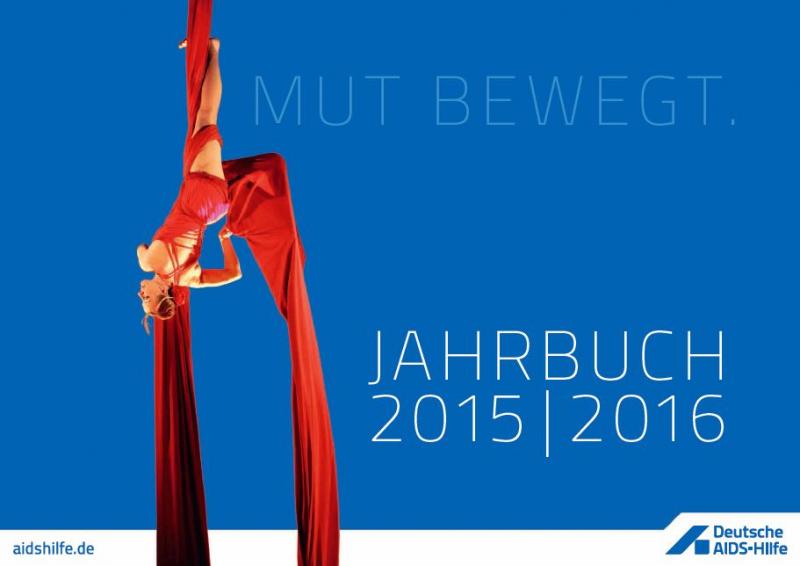 Titel Jahrbuch 2015/2016 Akrobatin in rotem Seil Hängend formt die rote Schleife.