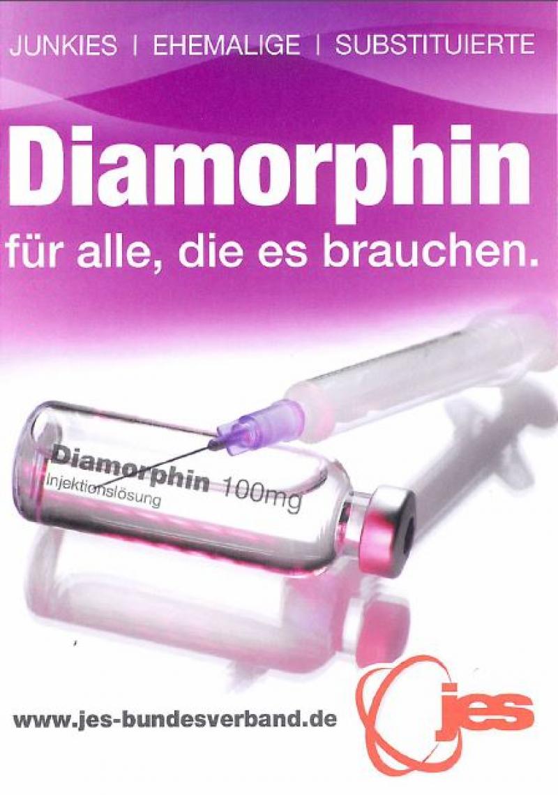 Spritze Abgelegt auf einer Ampulle mit der Aufschrift "Diamorphin" - Überschrift "Diamorphin für alle, die es brauchen."