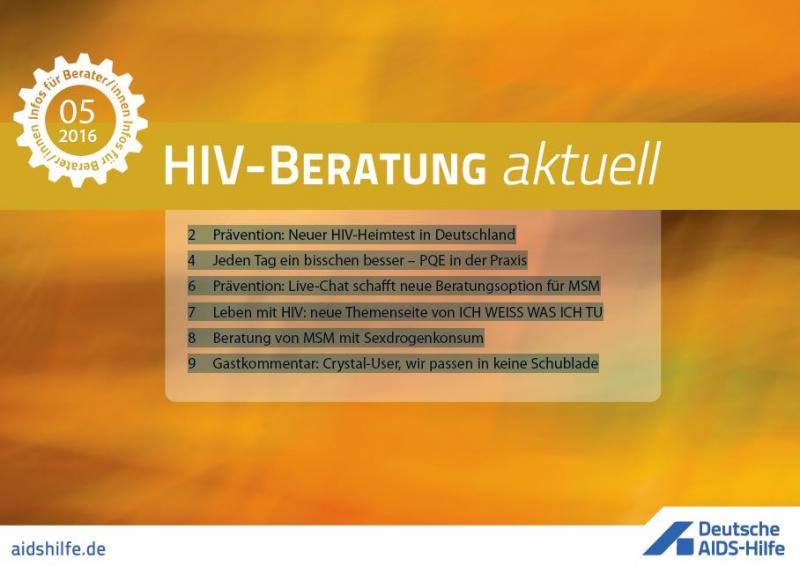 Deckblatt mit den Themen von HIV-Beratung aktuell Ausgabe 05 2016