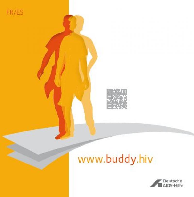 Schemenhafte Darstellung eines Menschen auf einem Sprungbrett. Titelschrift "www.buddy.hiv"