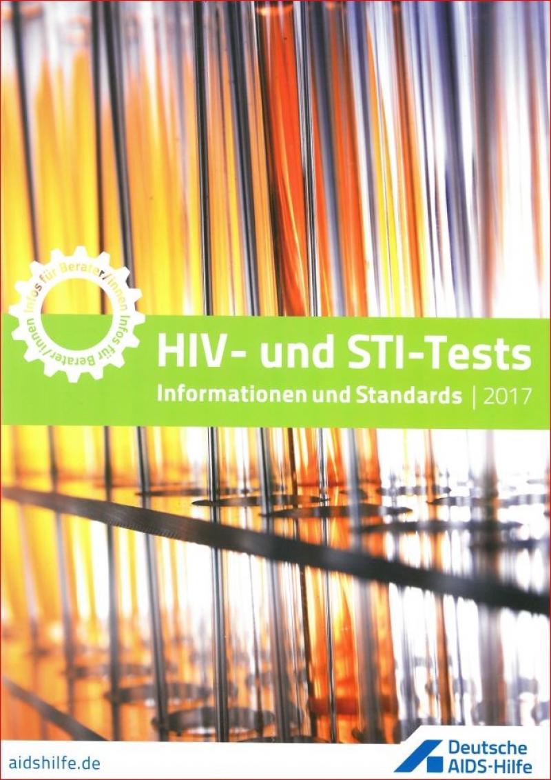 Reagenzgläser im Ständer, Titel: "HIV- und STI-Tests 2017. Informationen und Standards". 