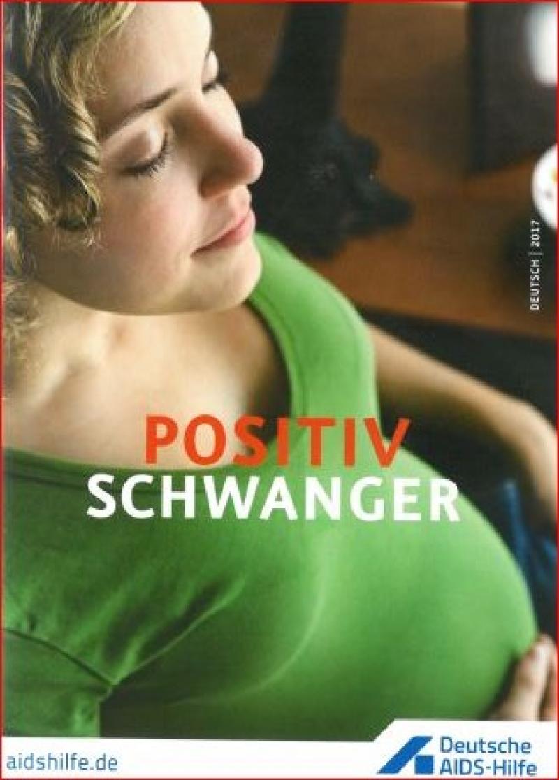 Schwangere Frau in grünem Shirt, Titel "Positiv Schwanger"