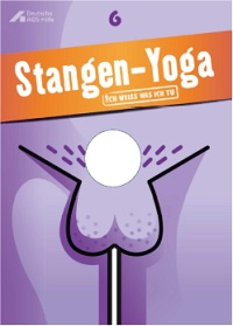 Stilisierte, männliche Intimzone mit Loch zum Durchstecken des Fingers als "Penis". Aufschrift "Stangen-Yoga"