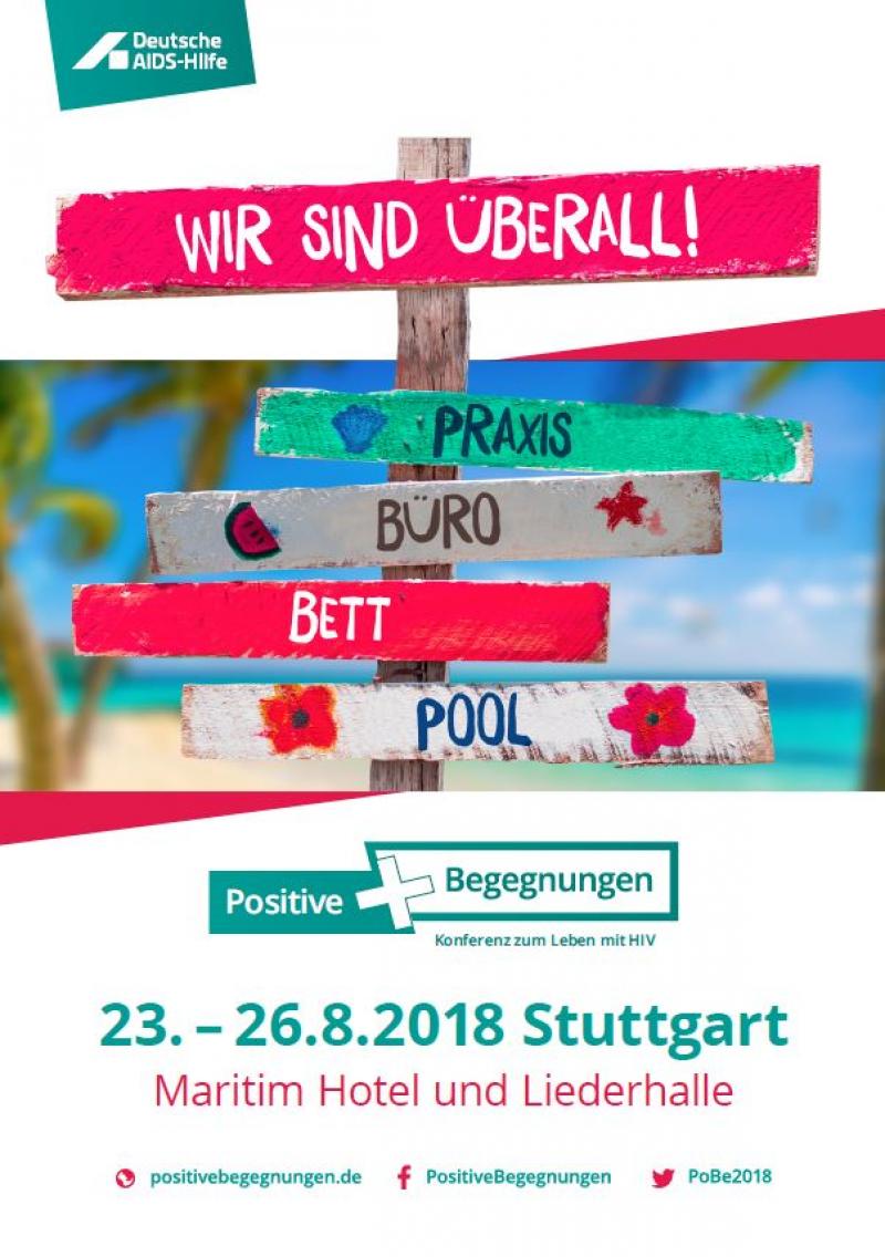 Wegweise mit Schildern "Wir sind überall", "Praxis", "Büro", "Bett", "Pool" und Datum für die PoBe 2018 in Stuttgart