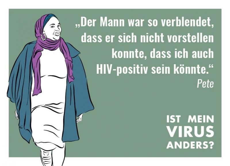 Stilisierte Abbildung einer Frau mit Kopftuch. Kampagne "Ist mein Virus anders?"