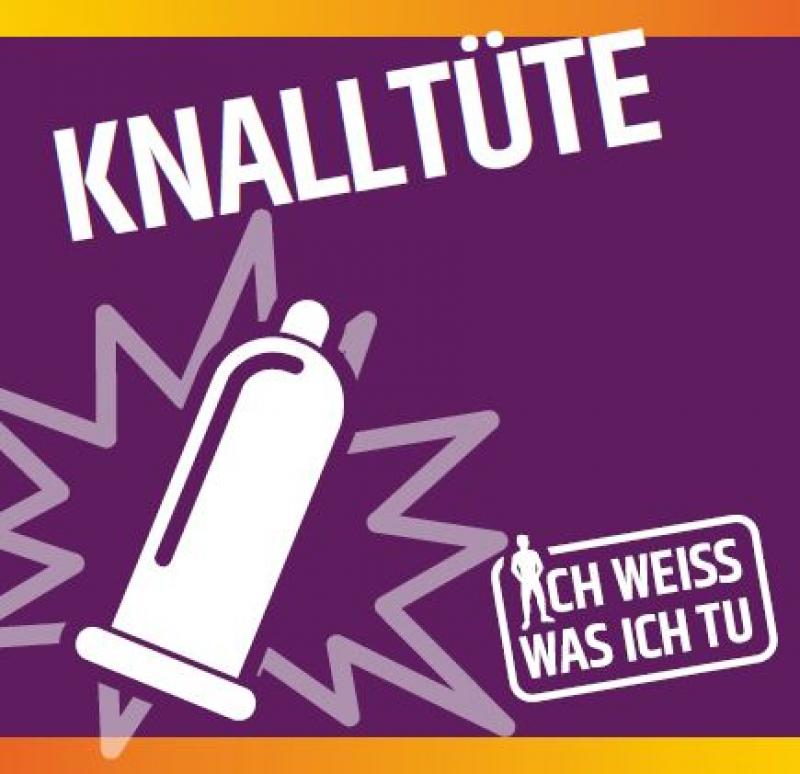 Kondom mit "KNalleffekt" vor lila Hintergrund. Titel "Knalltüte"
