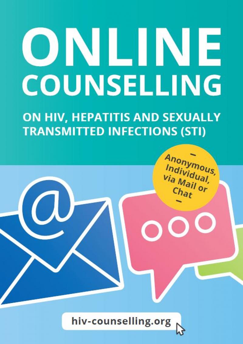Illustrationen einer Chatblase und Email. Titel "Online counseling on HIV, Hepatits and sexually transmitted infections (STI)"