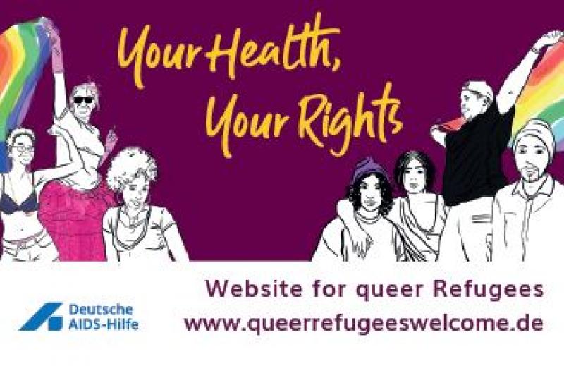 Zeichnungen queerer Flüchtlinge aus diversen Kulturkreisen. In Englischer Schrift "Your Health, Your Rights" mit Hinweis auf die WEbsite zu dieser Kampagne.
