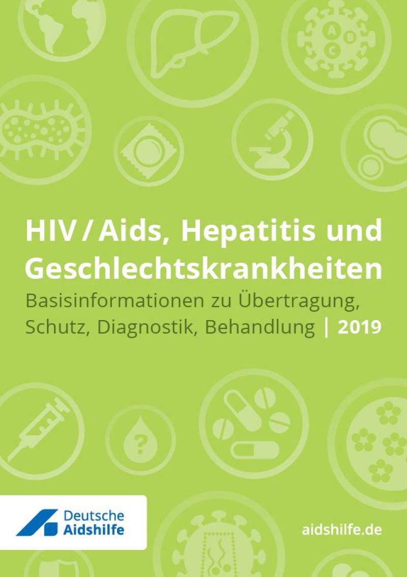 Grüner Hintergrund mit verschiedenen Piktogrammen (zum Beispiel Kondom, Pillen, Mikroskop). Titel "HIV/Aids, Hepatitis und Geschlechtskrankheiten"