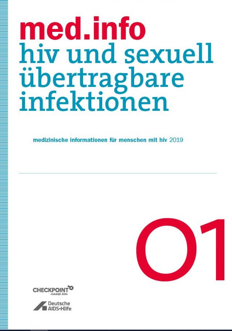 Weißer Hintergrund. Blauer Streifen an der Seite. Titel "med.info 01 - HIV und sexuell übertragbare Infektionen"