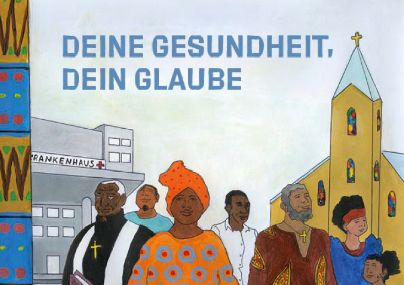 Illustration von Gäubigen der afrikanischen Community vor einem Krankenhaus und einer Kirche. Titel "Deine Gesundheit, dein Glaube" (deutsche Version)