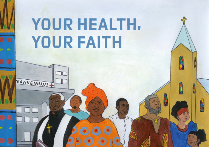 Illustration von Gäubigen der afrikanischen Community vor einem Krankenhaus und einer Kirche. Titel "Deine Gesundheit, dein Glaube" (englische Version)