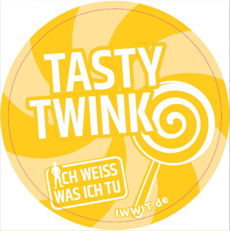 Gelber Hintergrund. Zeichung eines Lutschers am Stil. Titel "Tasty Twink" aus der Kampagne "ich weiss was ich tu"