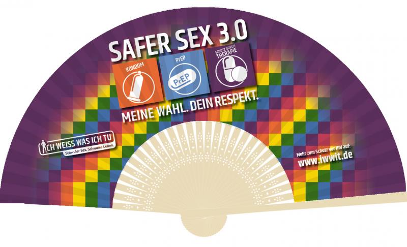 Fächer. Lila Hintergrund. Aufdruck "Safer Sex 3.0"