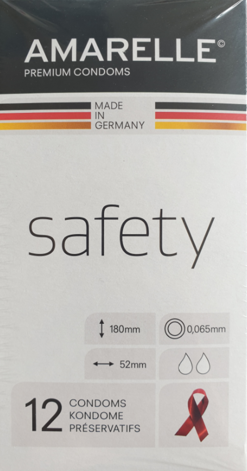 Verpackung von Amarellle Kondomen "Safety". Weißer Hintergrund. Schwarzer Streifen oben.