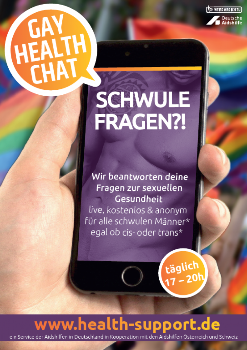 Smartphone in Hand. Titel "SCHWULE FRAGEN?!“ - Gay Health Chat.