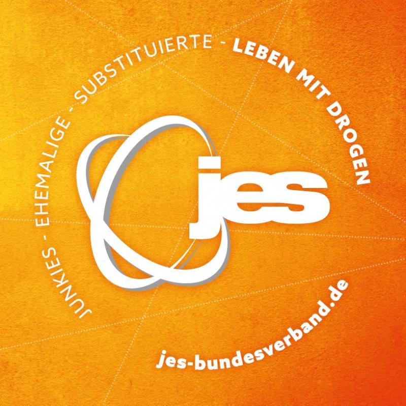Oranger Hintergrund. Logo von JES. Leben mit Drogen und Adresse der Website