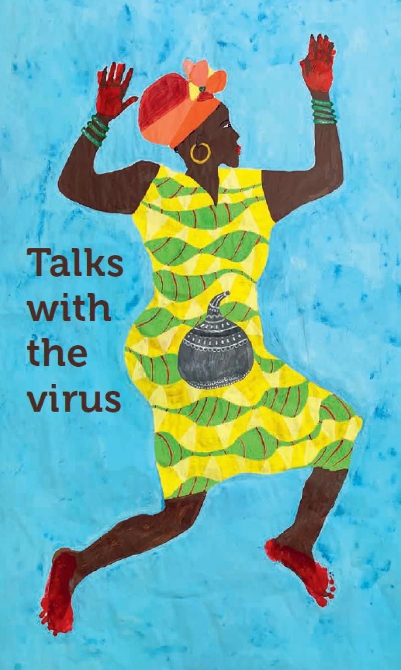 Malerei einer afrikanischen Frau. Titel "Talks with the virus"