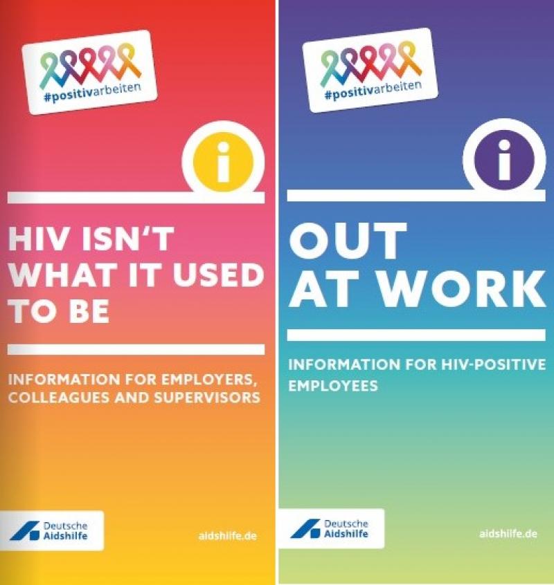Ansicht der Deckblätter des zweigeteilten Flyer "Out am Arbeitsplatz / HIV ist auch nicht mehr das, was es mal war"