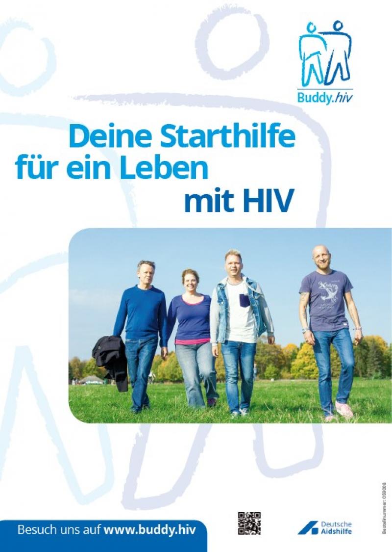 Mehrere Personen auf einer Wiese. Titel: Buddy.hiv - deine Startseite für ine Leben mit HIV