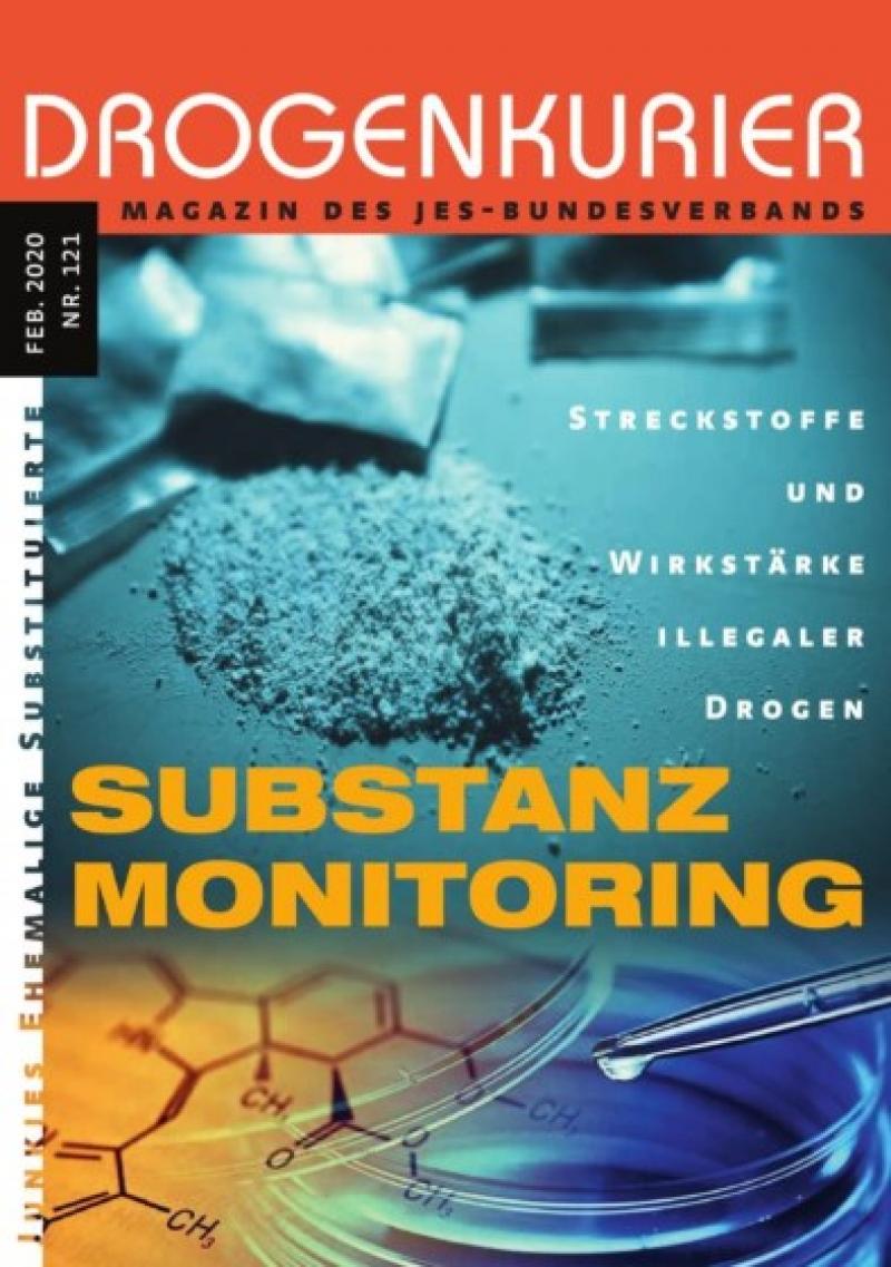 Abgebildet sind ein Pulver und eine Petrischale und eine Pipette. Titel "Drogenkurier Nr. 121 - Substanz Monitoring"