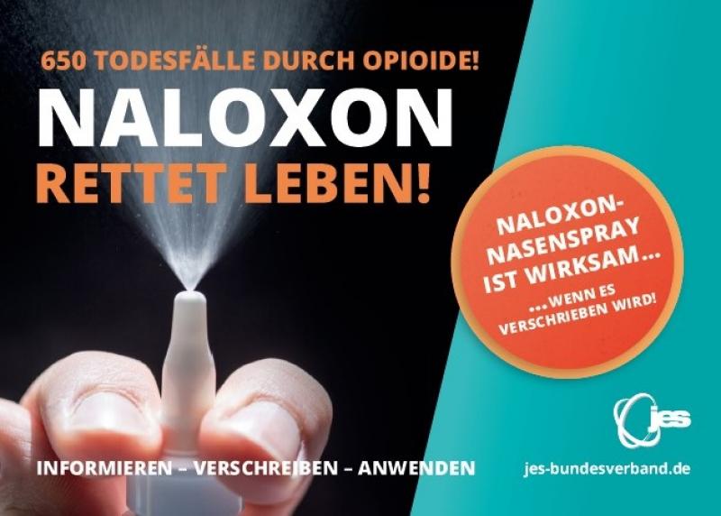 Abbildung einer Hand mit Naloxon als Nasenspray.Titel "Naloxon rettet Leben!"