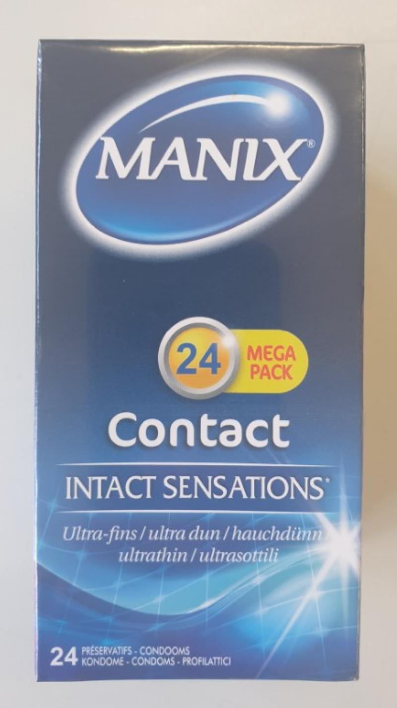Packung der Kondome MANIX Contact 24er, blauer Hintergrund