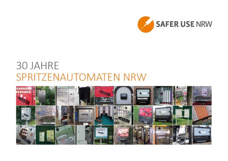 Collage von Fotos verschiedener Spritzenautomaten auf weißem Hintergrund, Titel "30 Jahre Spritzenautoamten NRW"