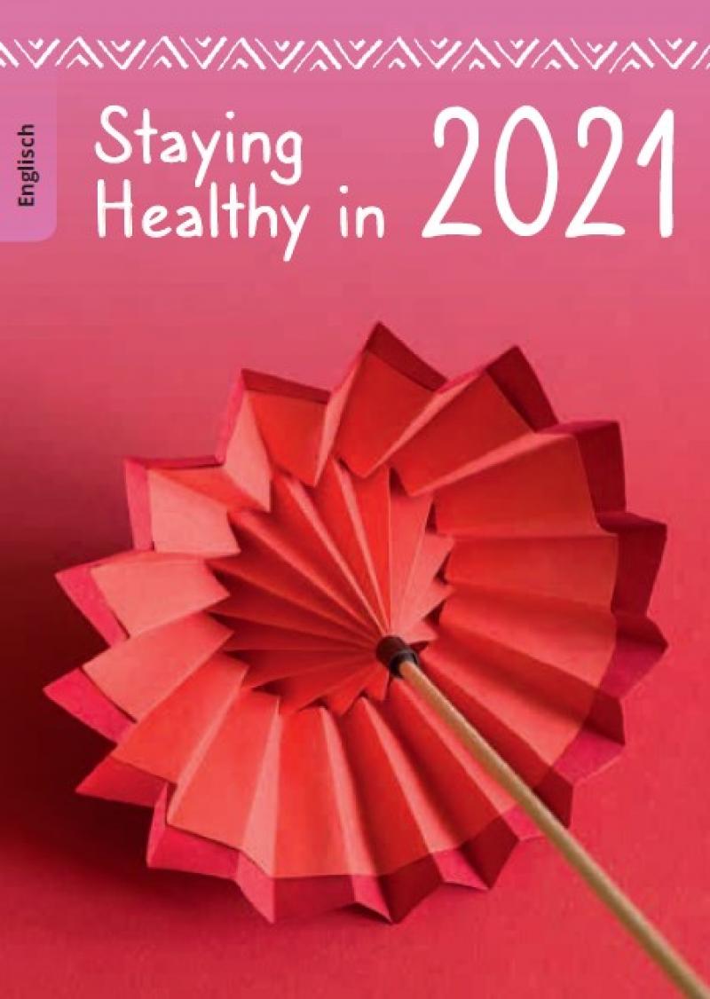 Abbildung eines Origami-Regenschirm. Titel "Gesund durchs Jahr 2021 (englisch)"