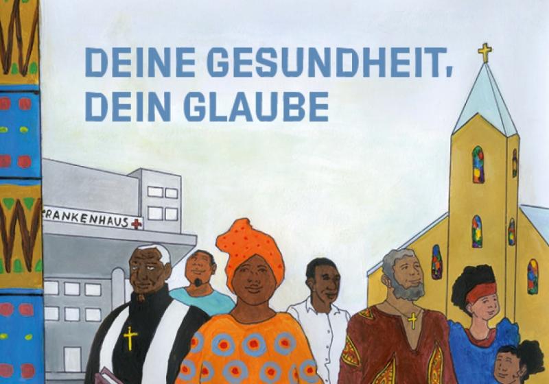Illustration von Gäubigen der afrikanischen Community vor einem Krankenhaus und einer Kirche. Titel "Deine Gesundheit, dein Glaube" (deutsche Version)