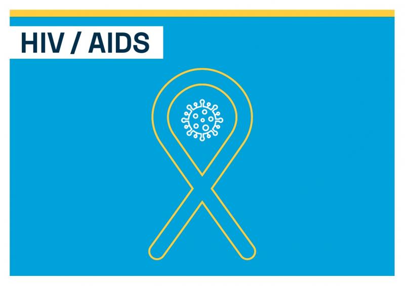 Titelblatt. Thema "HIV / AIDS". Abbildung der Aids-Schleife auf blauem Hintergrund.