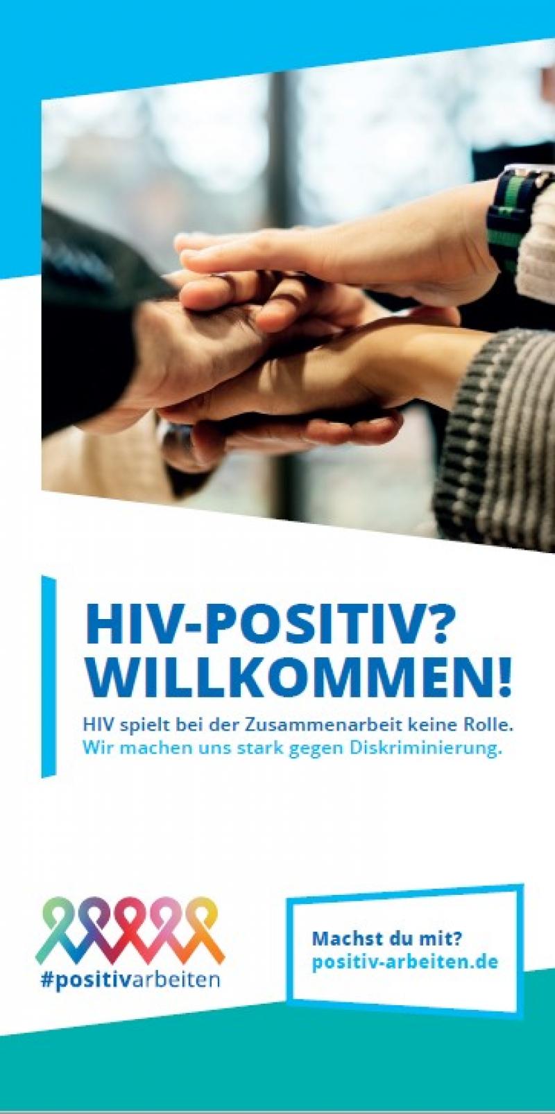 Mehrere Händer übereinander zu einer Gruppengeste gelegt. Titel "HIV-Positiv? Willkommen!"