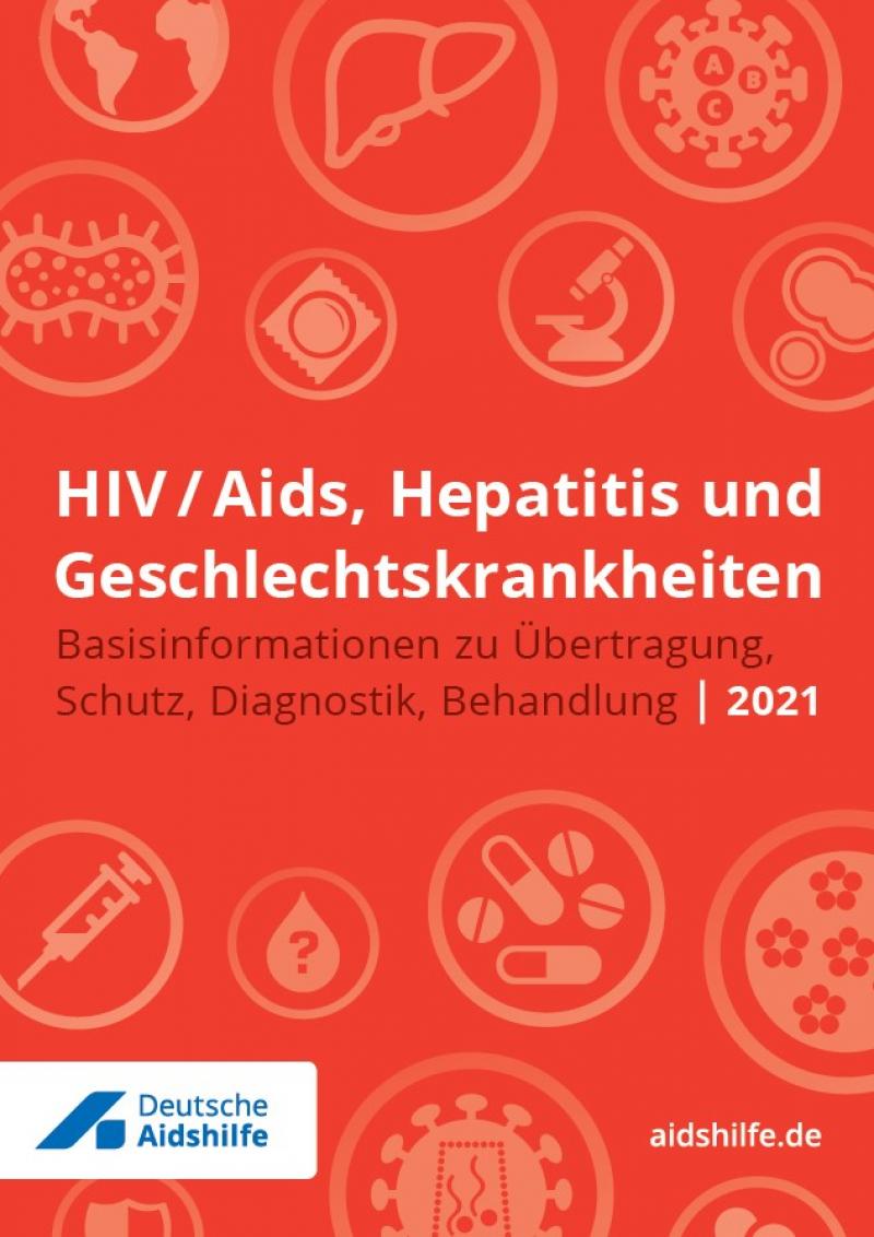 Roter Hintergrund mit verschiedenen Piktogrammen (zum Beispiel Kondom, Pillen, Mikroskop). Titel "HIV/Aids, Hepatitis und Geschlechtskrankheiten"