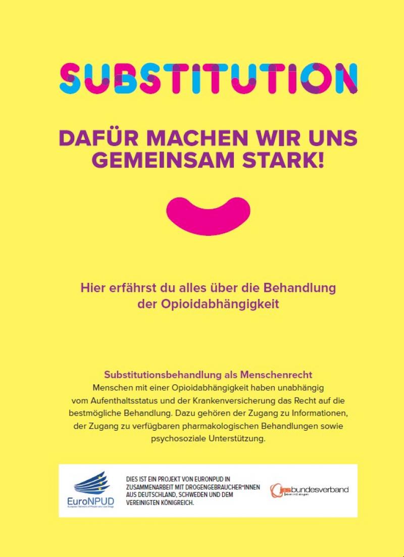 Gelber Hintergrund. Titel "Substitution - dafür machen wir uns gemeinsam stark!". Logos des JES Bundesverband und EuroNPD